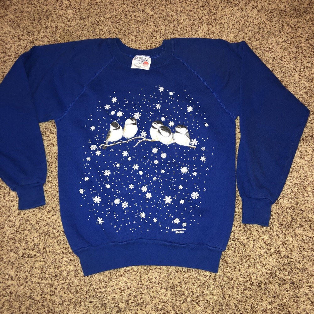 VTG Morning Sun Women's Blue Sweatshirt Pullover Birds Snowflakes Medium Granny